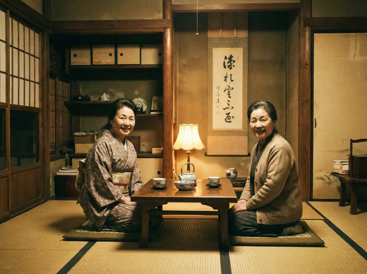 两位优雅的 必赢亚洲平台 在日式茶室中品茶交谈